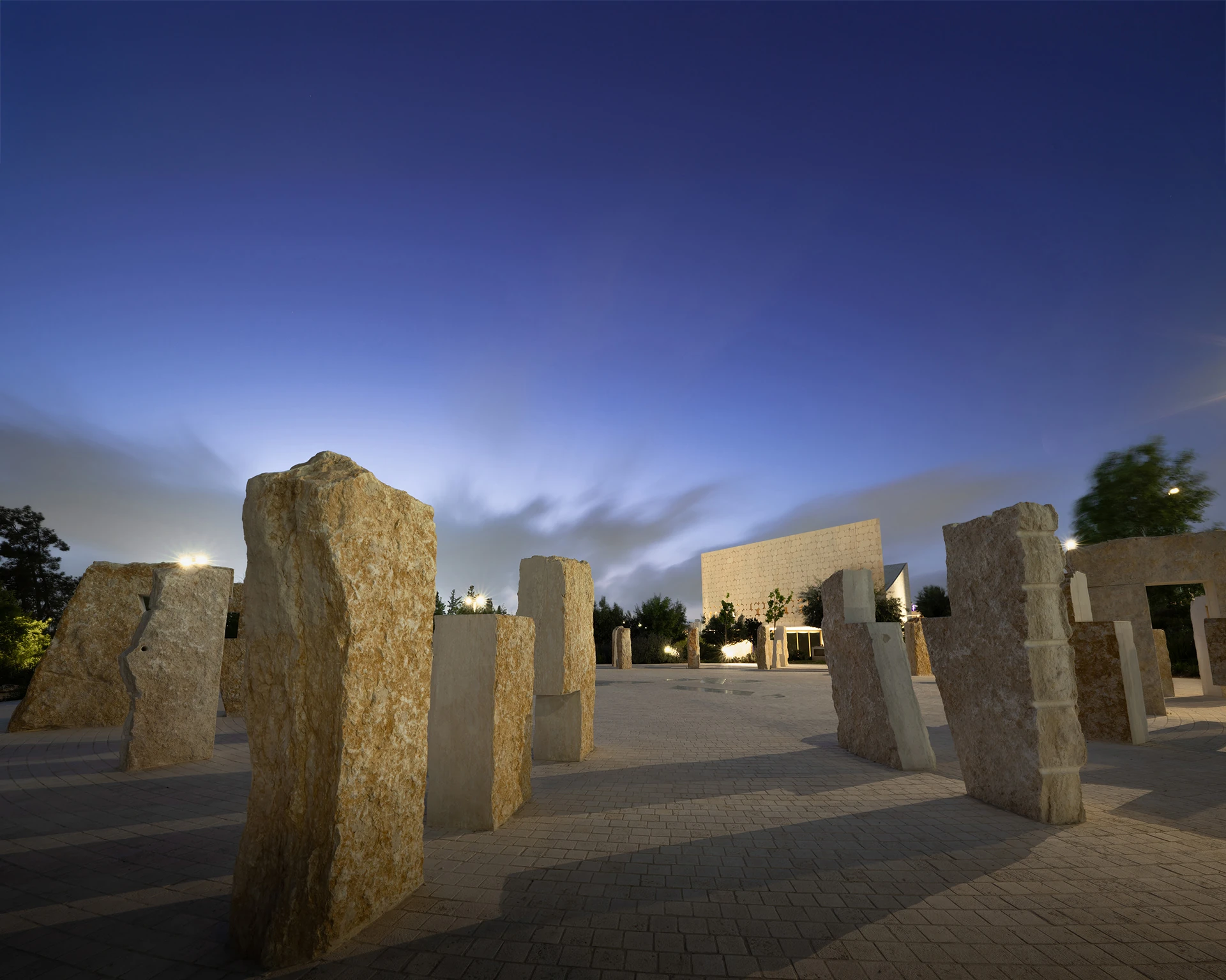 Stone pillars outside the library at dusk
